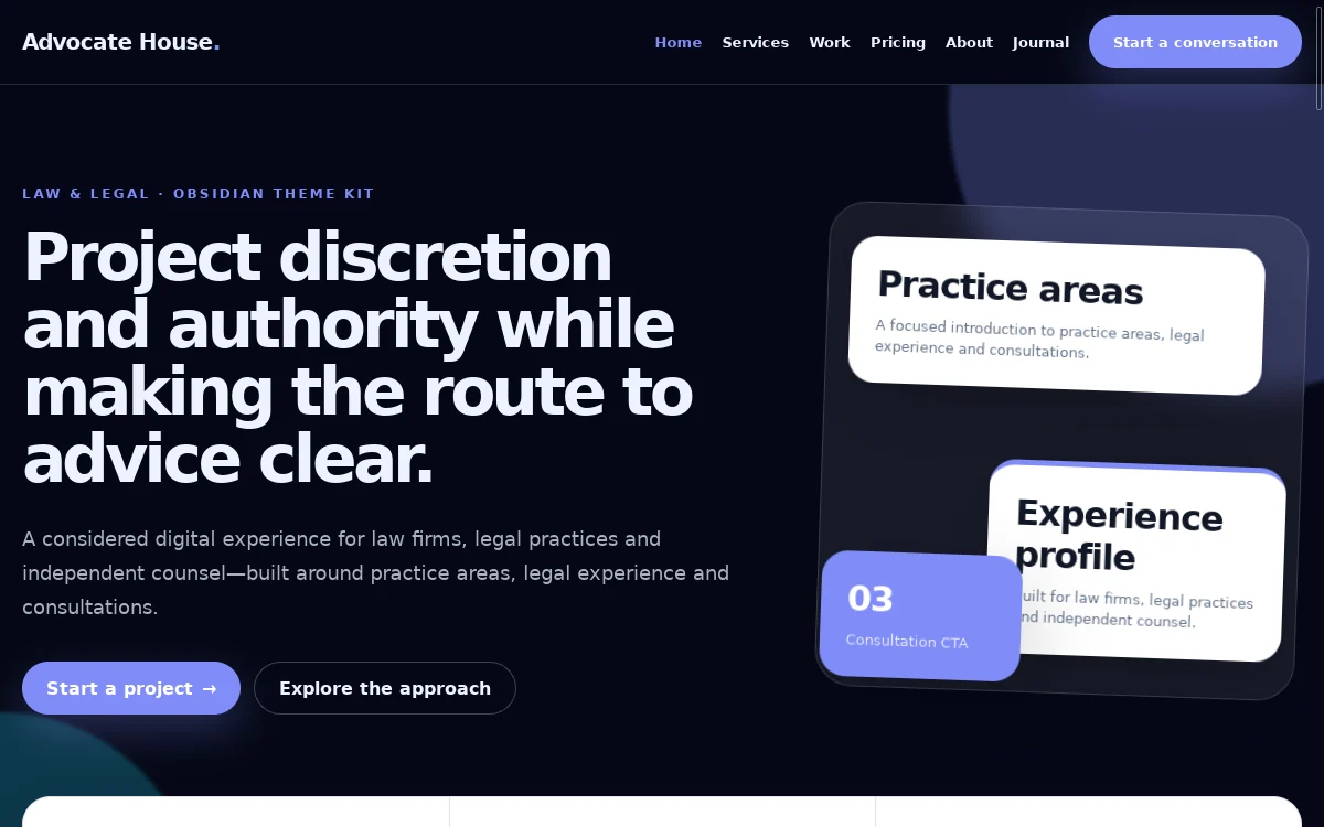 Advocate House — Obsidian Theme Kit professional website preview