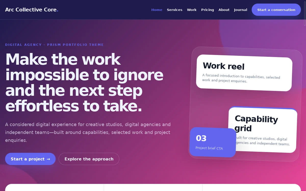 Arc Collective Core — Prism Portfolio Theme actual design preview