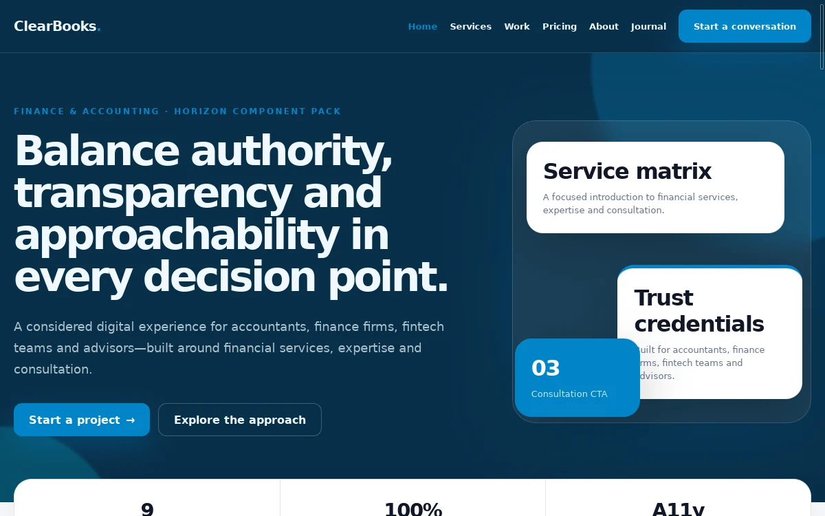 ClearBooks — Horizon Component Pack professional website preview