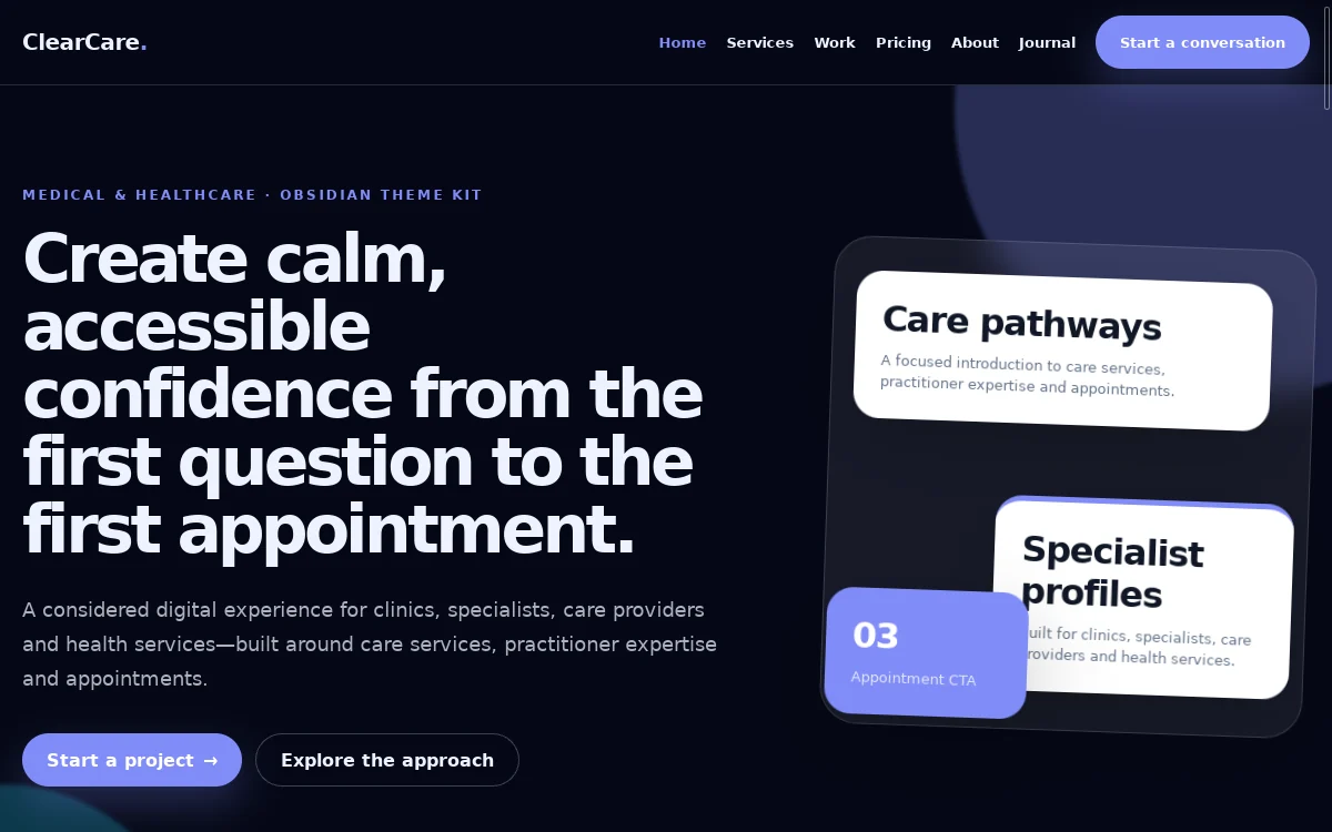 ClearCare — Obsidian Theme Kit professional website preview