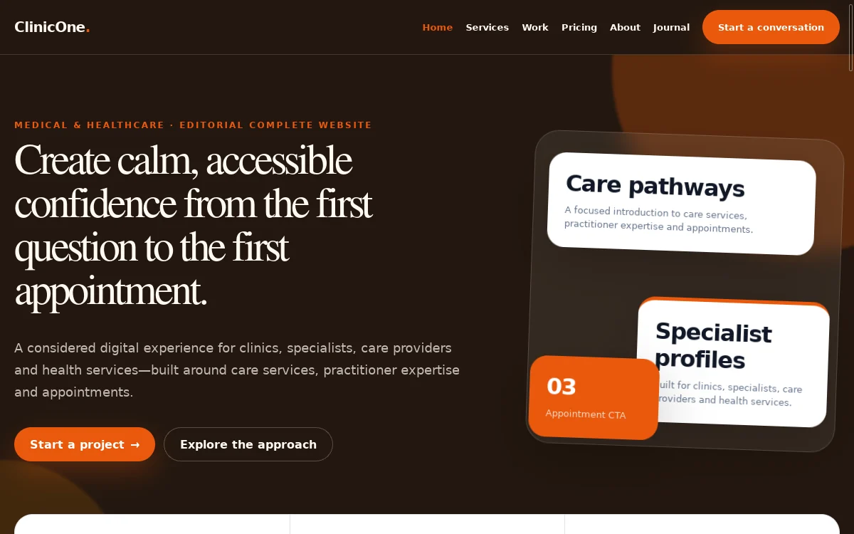 ClinicOne — Editorial Complete Website actual design preview