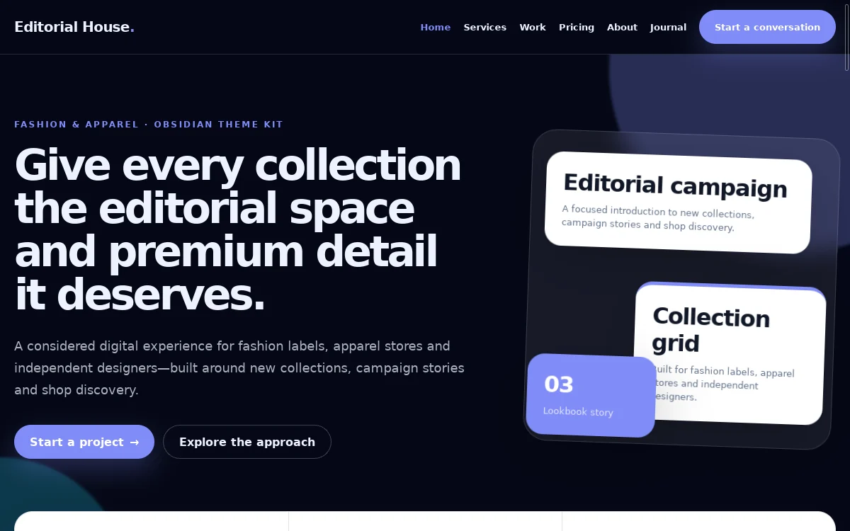 Editorial House — Obsidian Theme Kit professional website preview