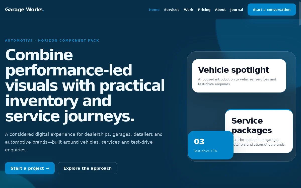 Garage Works — Horizon Component Pack professional website preview