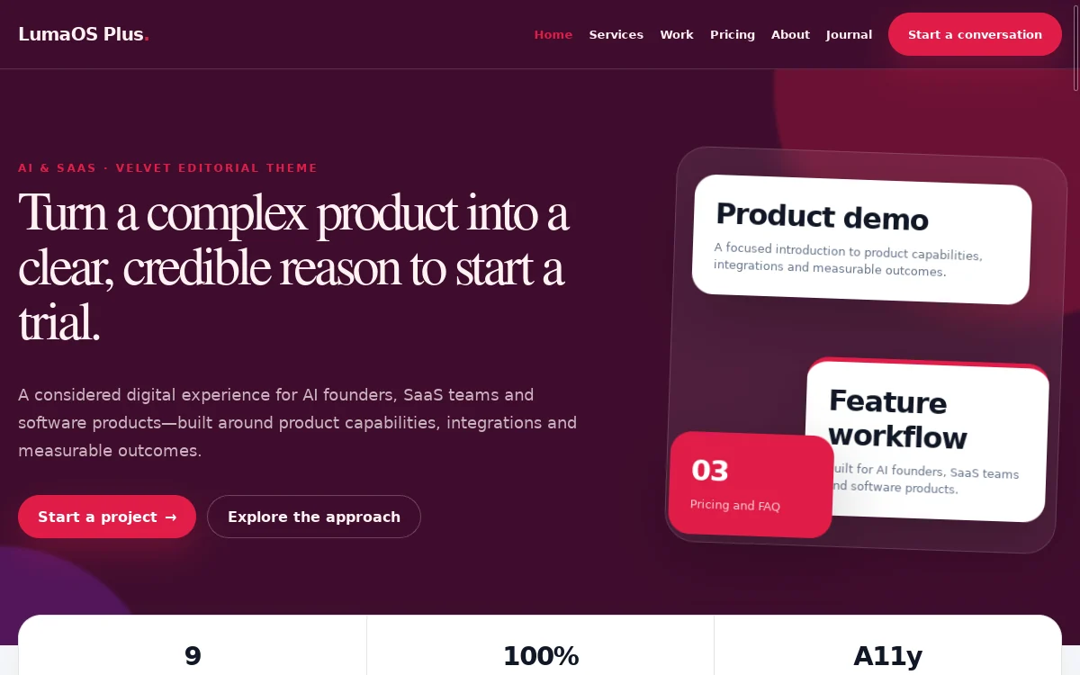 LumaOS Plus — Velvet Editorial Theme actual design preview
