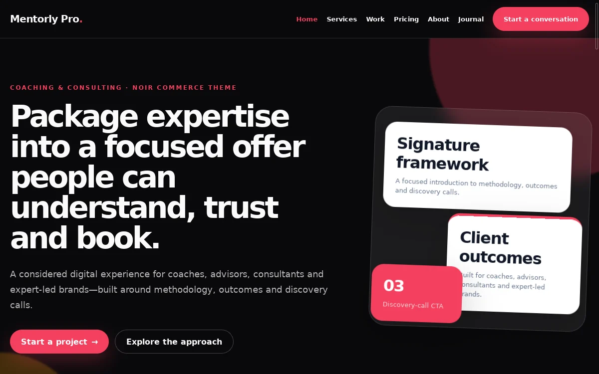 Mentorly Pro — Noir Commerce Theme actual design preview