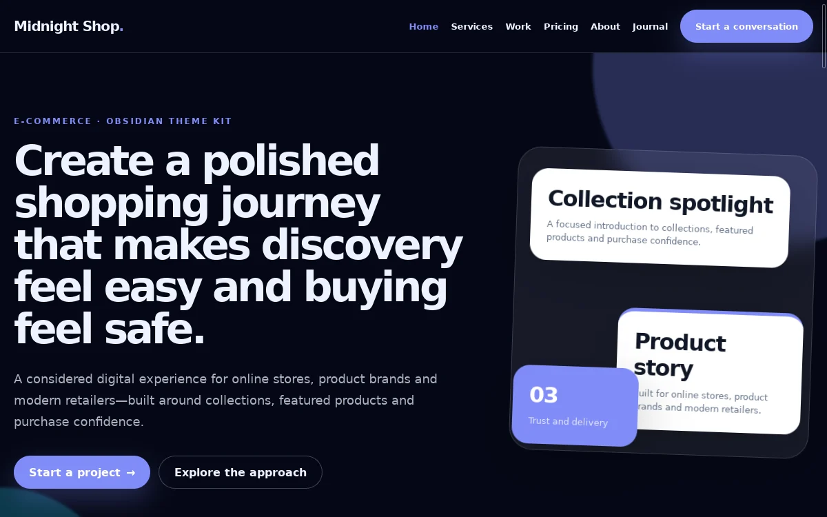 Midnight Shop — Obsidian Theme Kit professional website preview