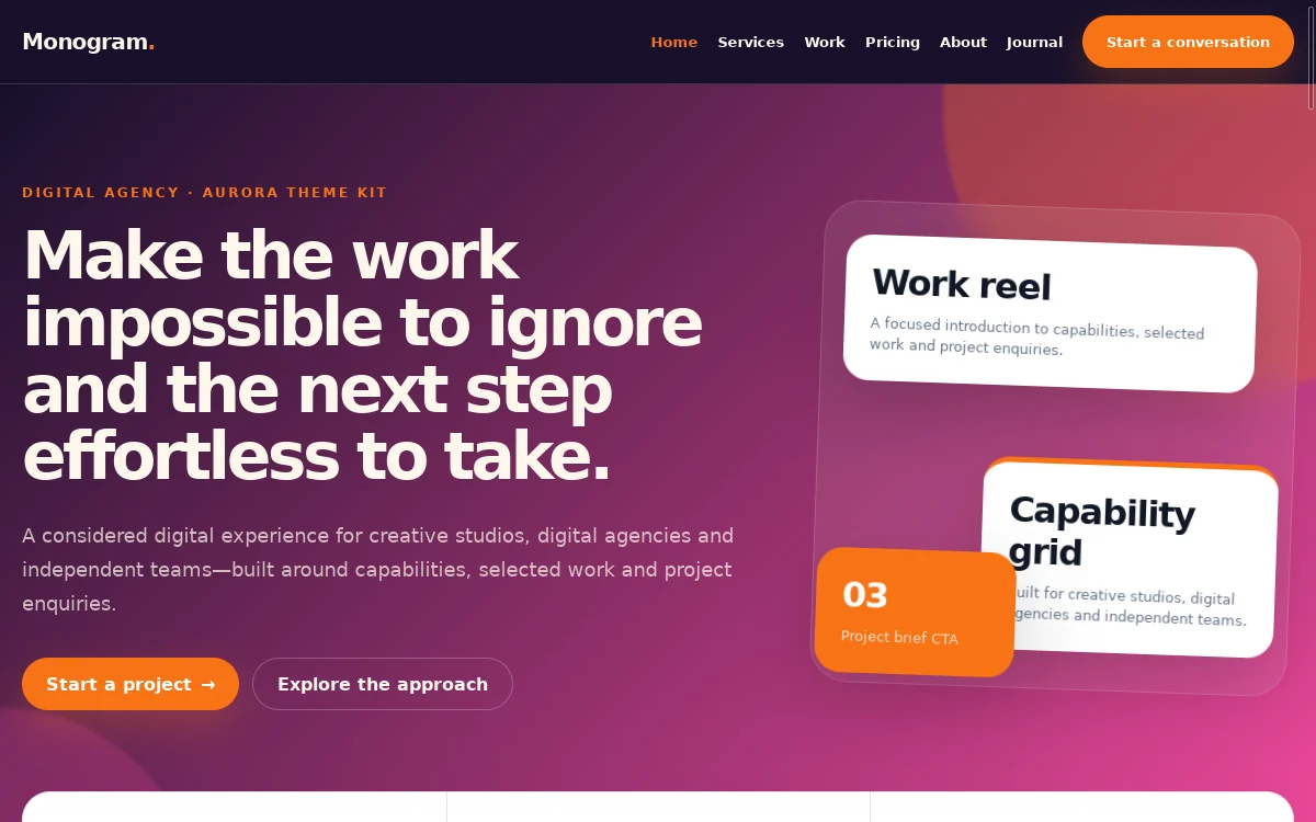 Monogram — Aurora Theme Kit website screenshot