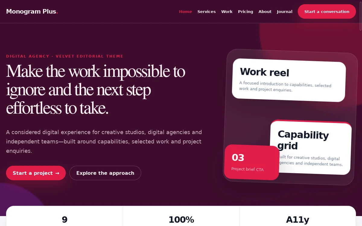 Monogram Plus — Velvet Editorial Theme actual design preview