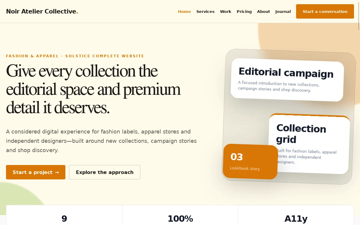 Noir Atelier Collective — Solstice Complete Website actual design preview