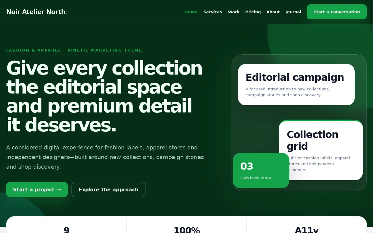 Noir Atelier North — Kinetic Marketing Theme actual design preview