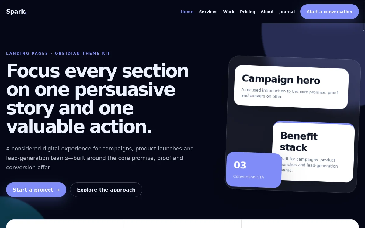 Spark — Obsidian Theme Kit professional website preview