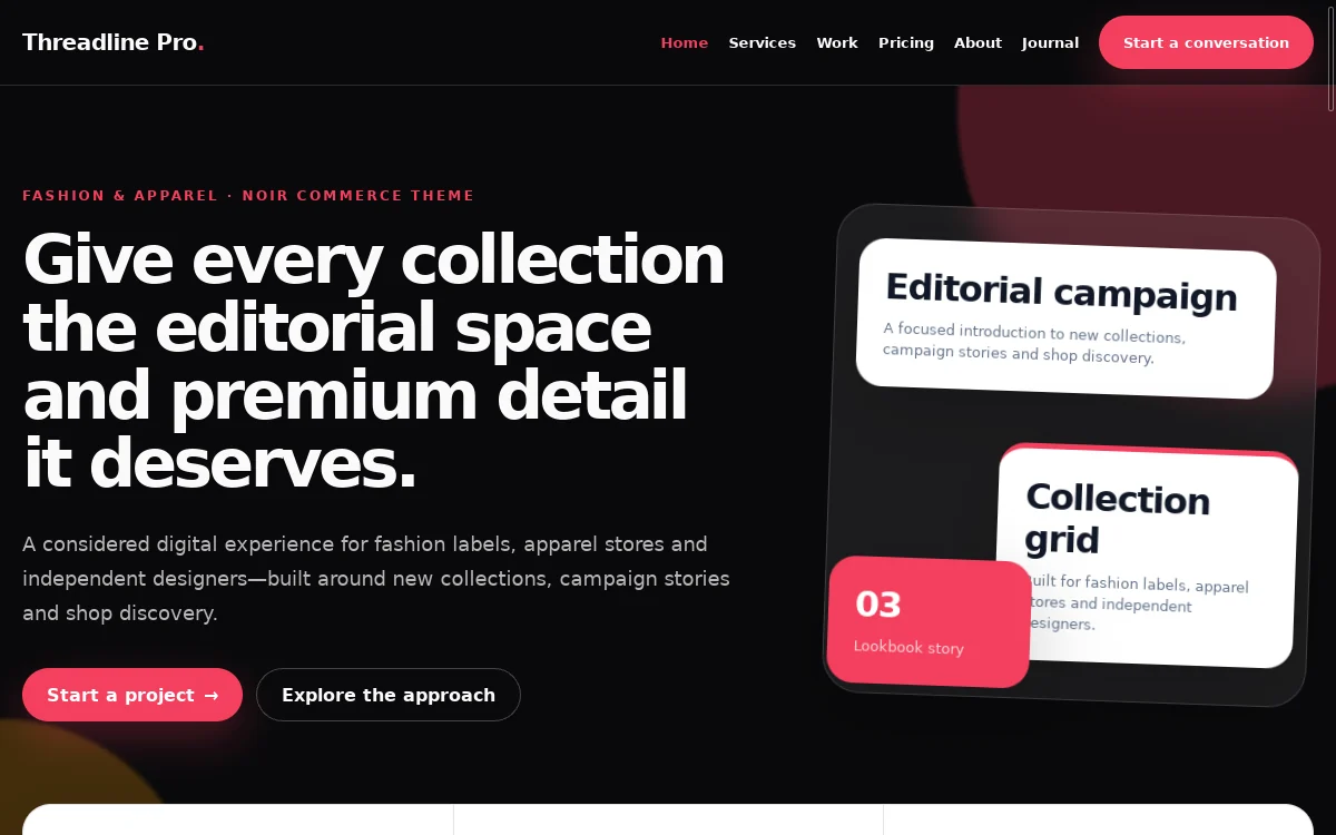 Threadline Pro — Noir Commerce Theme actual design preview