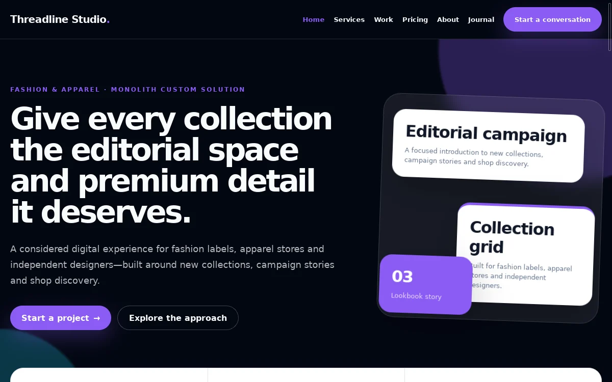 Threadline Studio — Monolith Custom Solution website screenshot